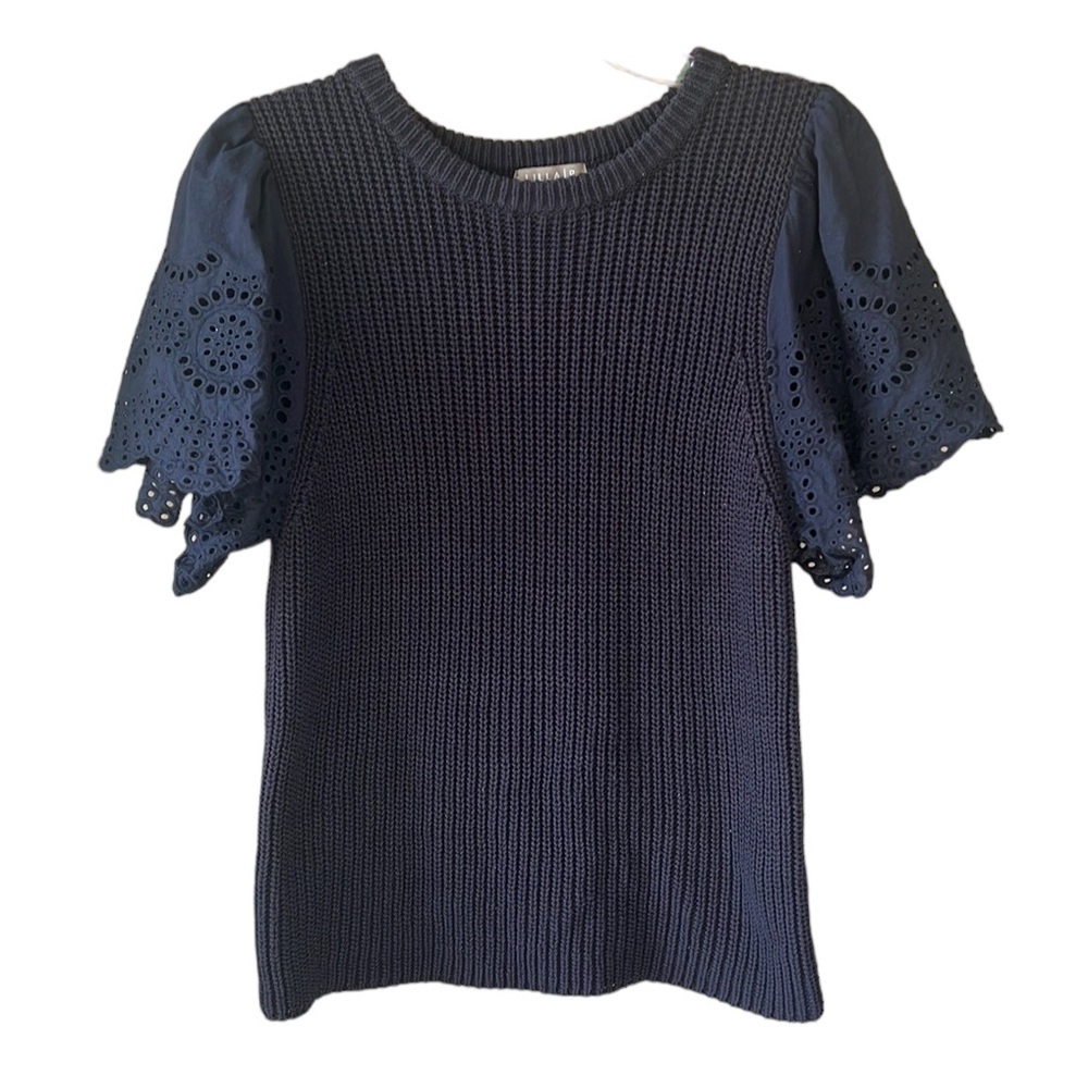 Lilla P Navy Sz L Mixed Media Knit Sweater Blouse Puff Sleeve Eyelet Embrodiered